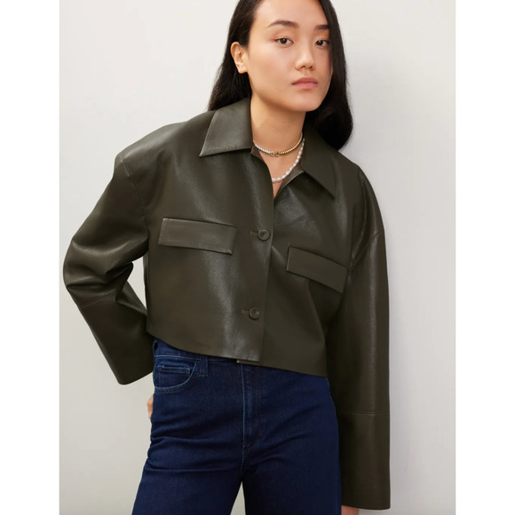 Nanushka Jacket Womens Small Holleen Solid Green Faux Leather Collared - Picture 5 of 13